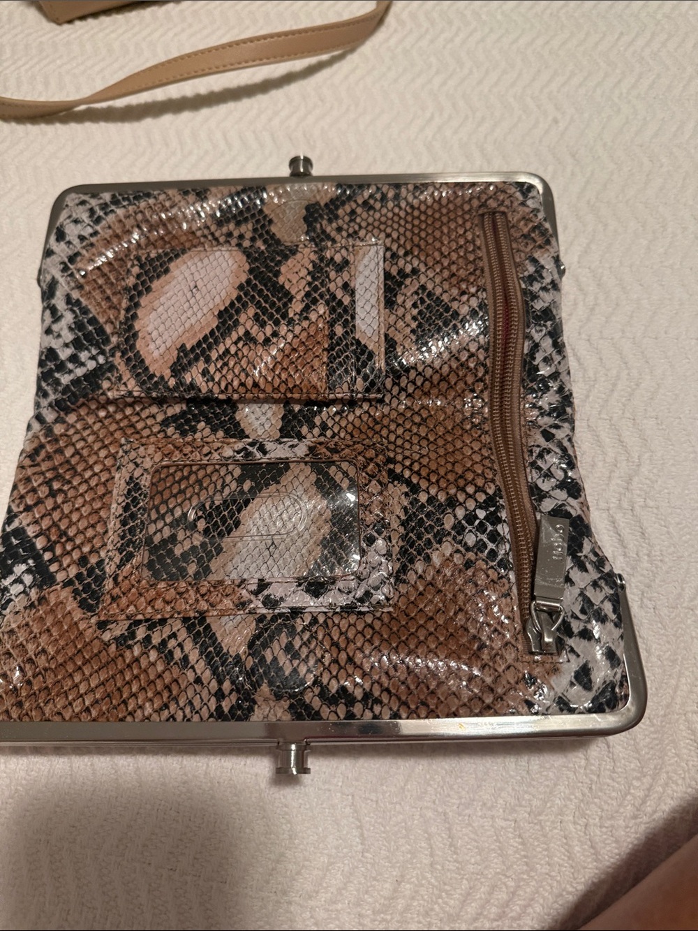 HOBO Snake-Print Glossy Frame Clutch in Brown, Black & White - Picture 2 of 3